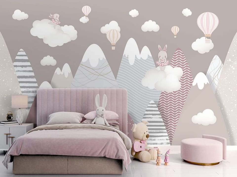 Fototapeta Góry z chmurami i balonami we wnętrzu pokoju dziecka