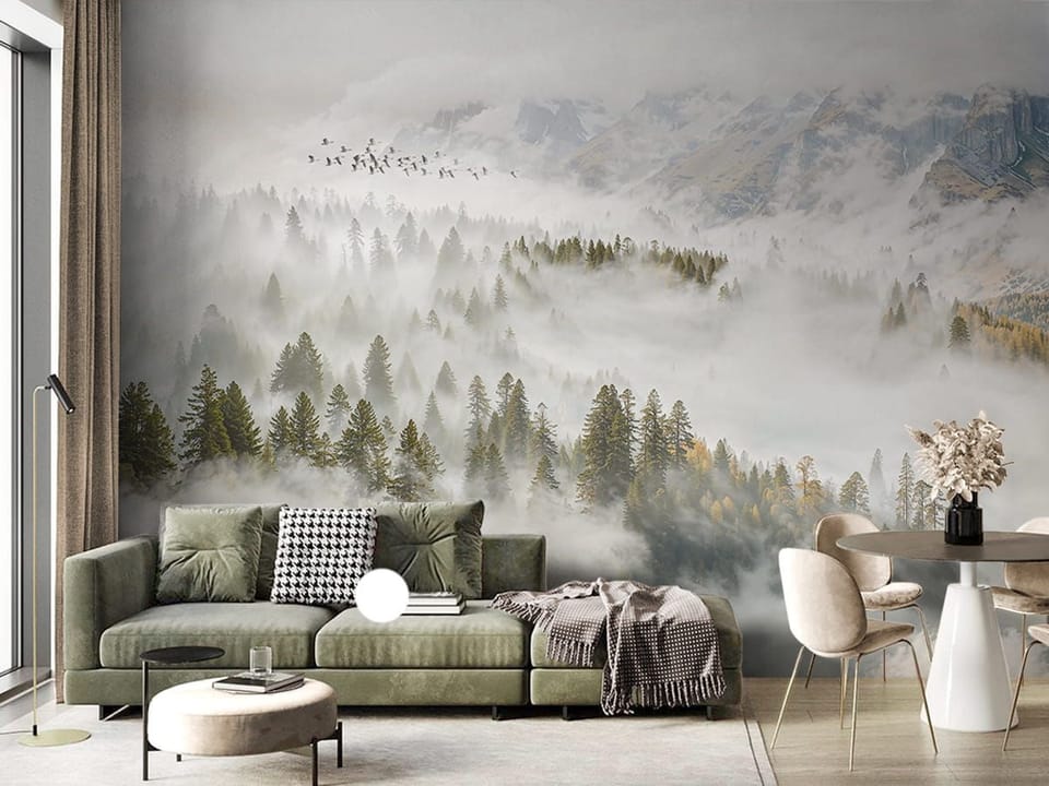 Fototapeta Leśny krajobraz w gęstej mgle we wnętrzu salonu