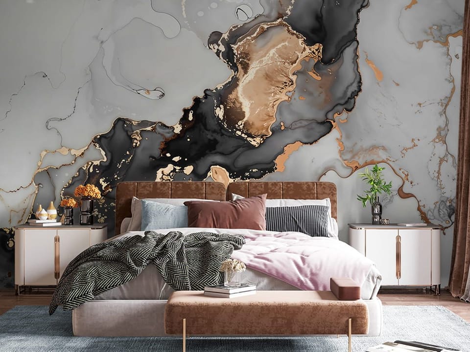 Fototapeta Abstrakcyjne Plamy i Złote Akcenty we wnętrzu sypialni