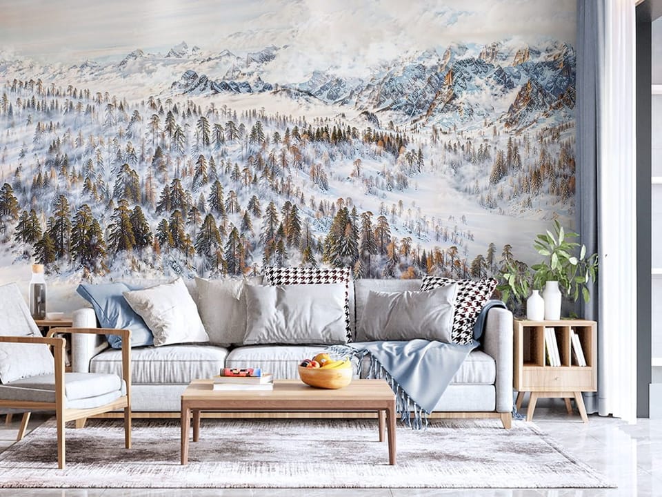 Fototapeta Śnieżny las i góry w tle we wnętrzu salonu