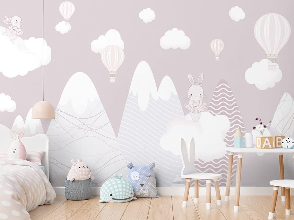 Fototapeta Królik na chmurze w górach we wnętrzu pokoju dziecka
