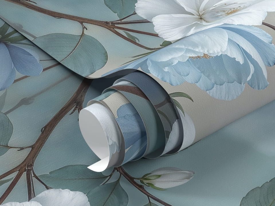 Fototapeta Gałąź z Białymi i Niebieskimi Kwiatami fragment #1