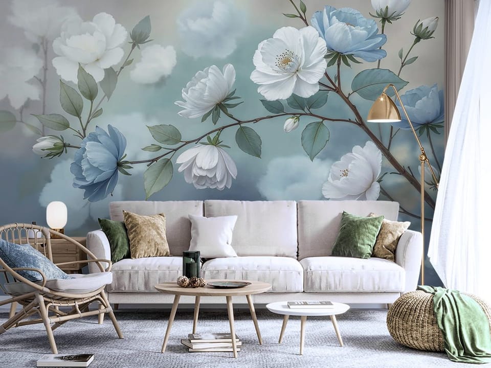 Fototapeta Gałąź z Białymi i Niebieskimi Kwiatami we wnętrzu salonu