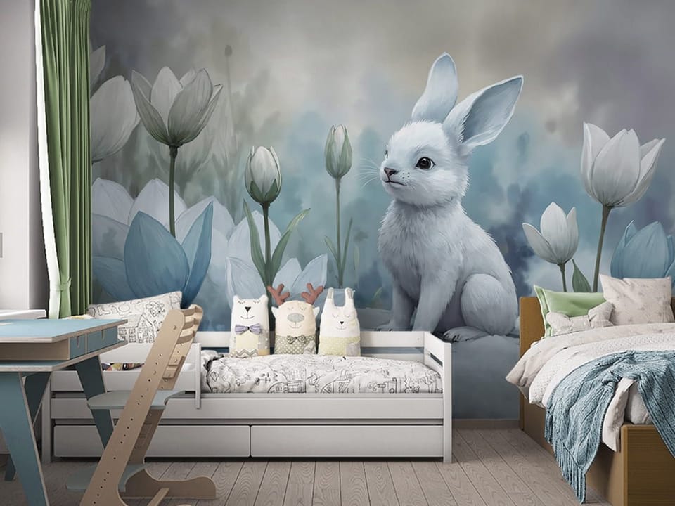Fototapeta Biały królik wśród kwiatów we wnętrzu pokoju dziecka