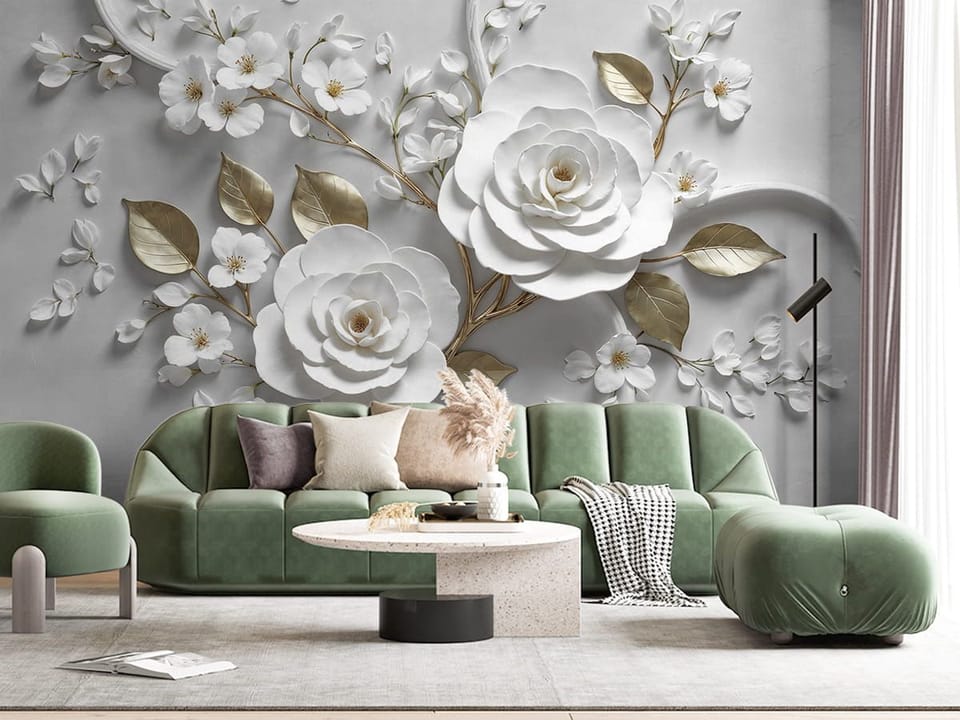 Fototapeta Białe kwiaty na szarym tle we wnętrzu salonu