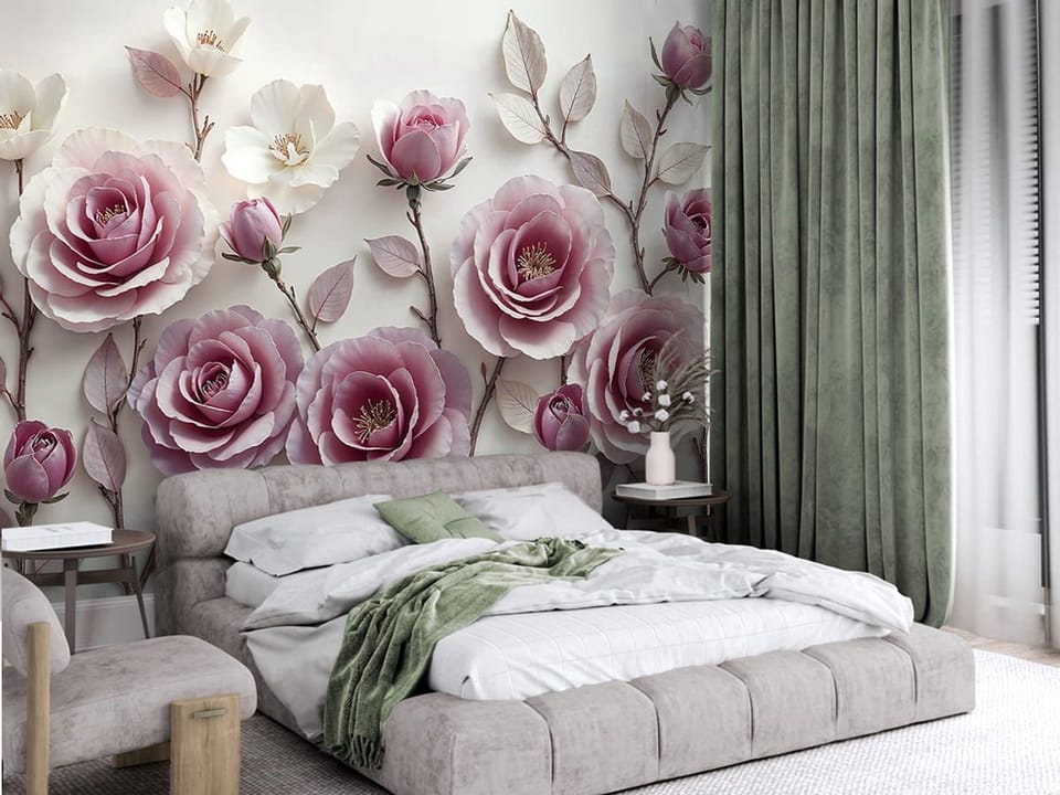 Fototapeta Róże na Gałązkach z Białymi Kwiatami we wnętrzu sypialni