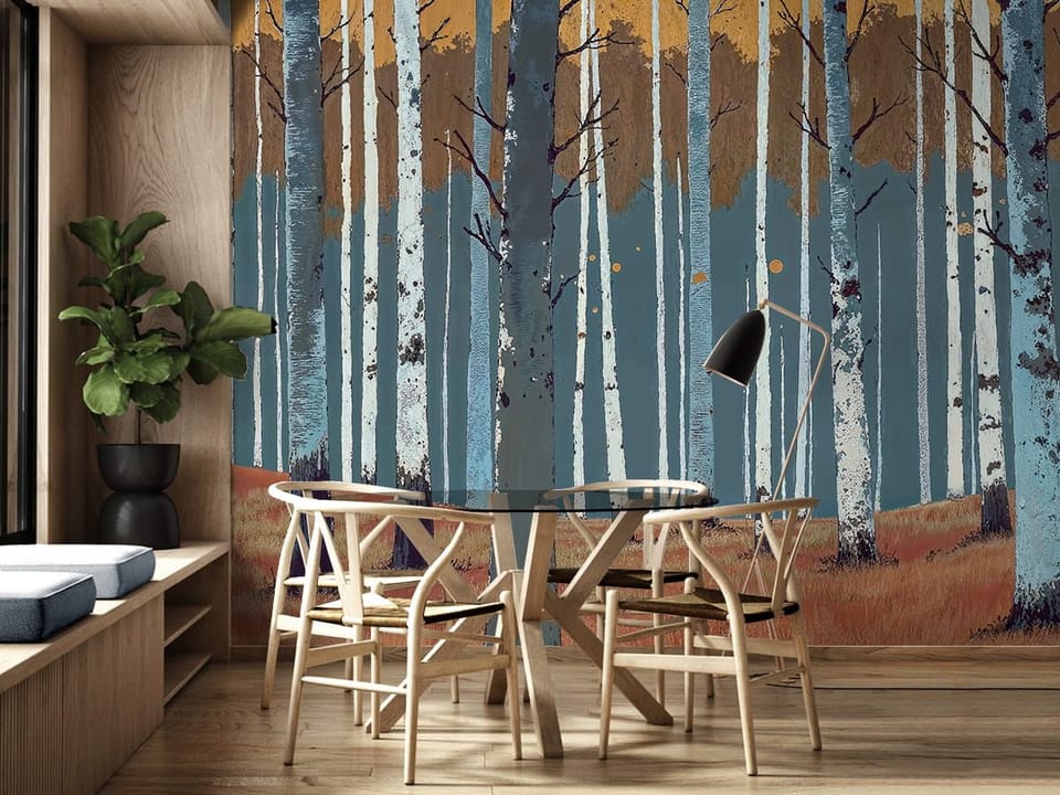 Fototapeta Las brzozowy z pomarańczowymi liśćmi we wnętrzu kuchni