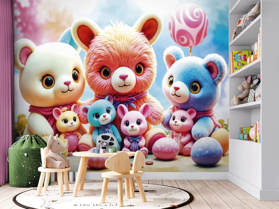 Fototapeta Kolorowe Pluszowe Misie i Balon we wnętrzu pokoju dziecka