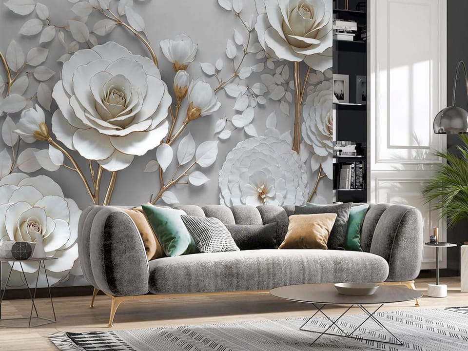 Fototapeta Eleganckie białe róże z liśćmi we wnętrzu salonu