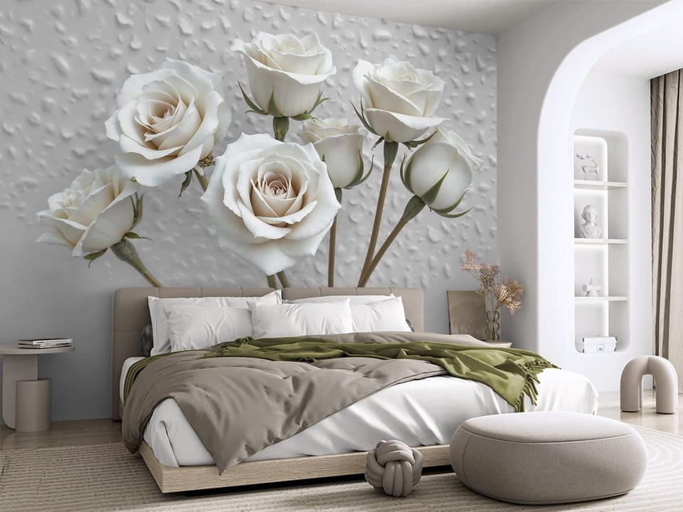 Fototapeta Bukiet białych róż na tle we wnętrzu sypialni