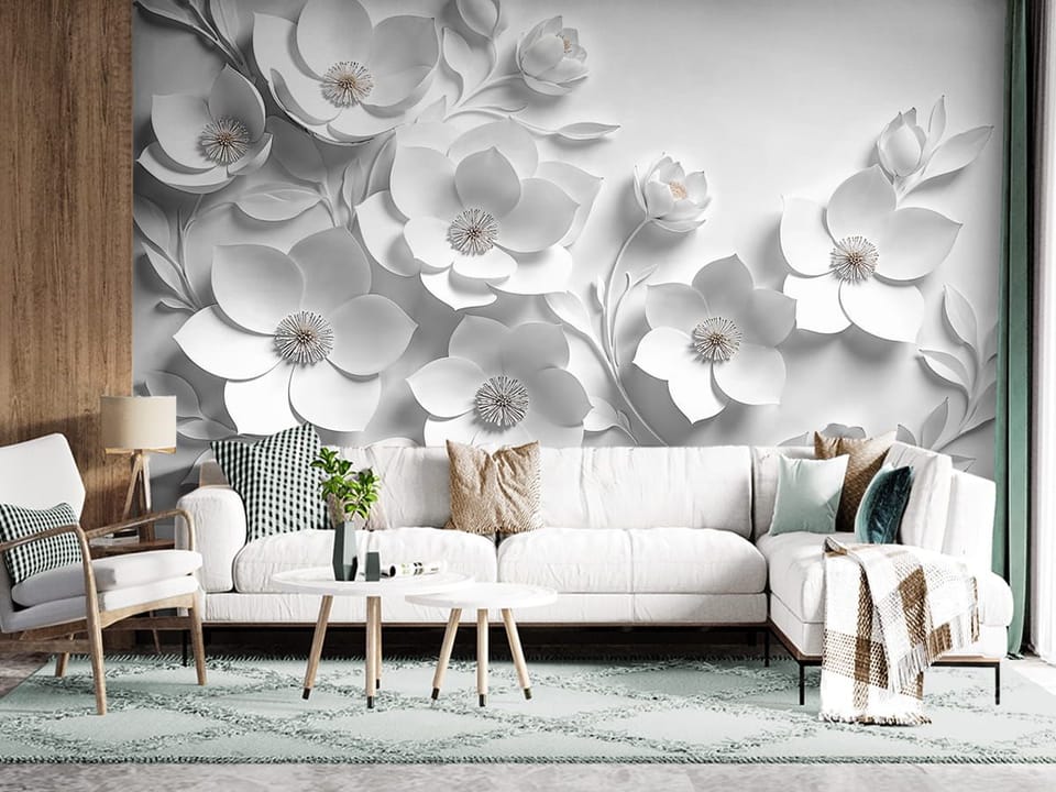Fototapeta Białe Kwiaty na Gałęziach 3D we wnętrzu salonu