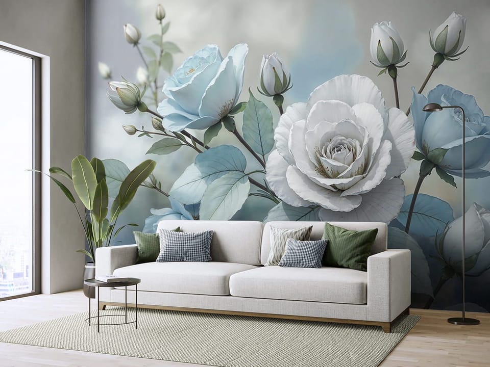 Fototapeta Bukiet Niebieskich i Białych Róż we wnętrzu salonu