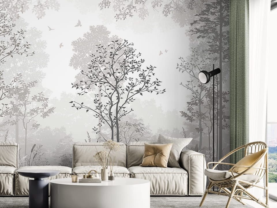 Fototapeta Spokojny Las z Wysokimi Drzewami we wnętrzu salonu