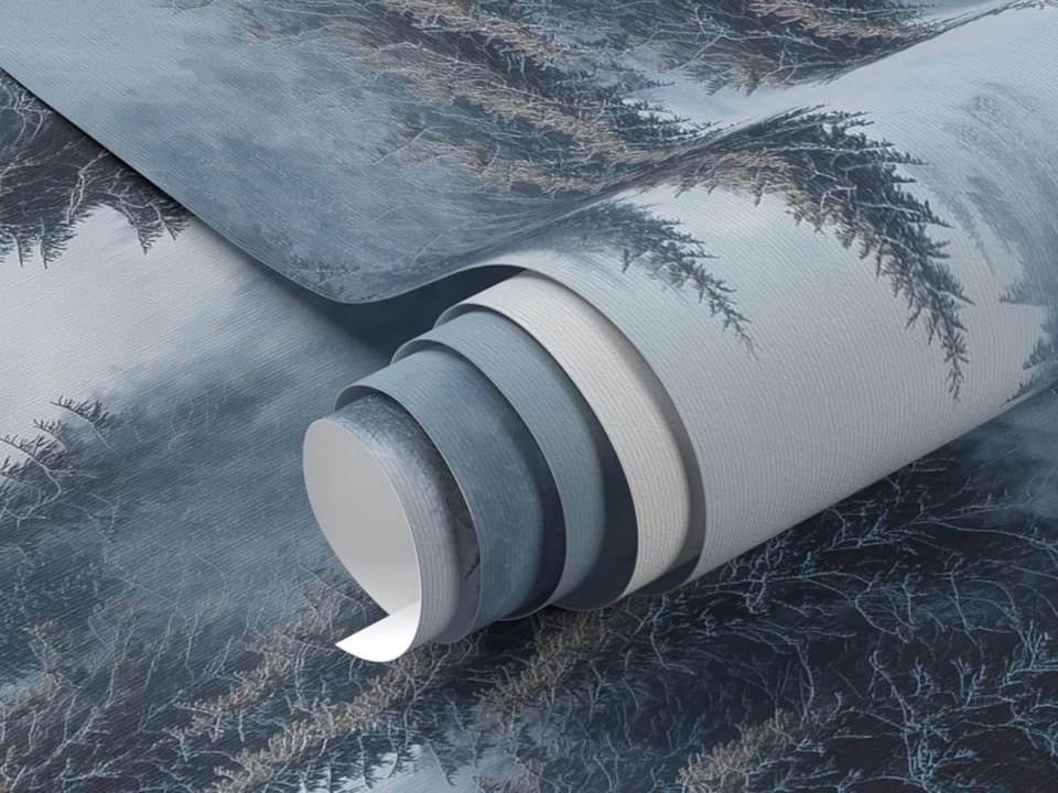 Fototapeta Mglisty las z ośnieżonymi drzewami fragment #1