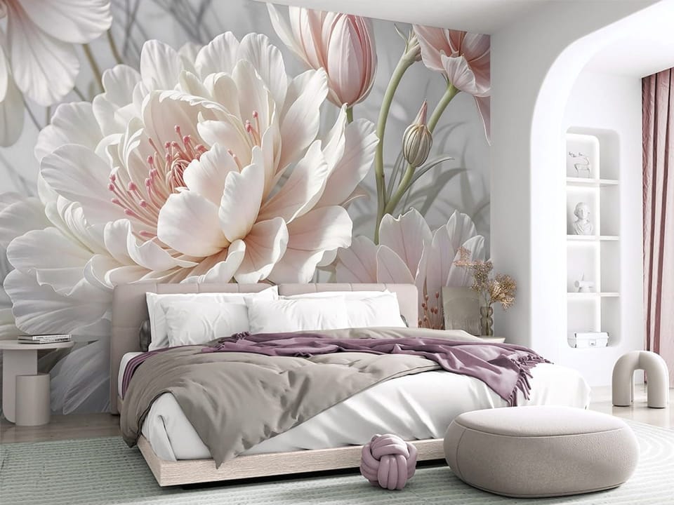 Fototapeta Piwonie w pastelowych odcieniach we wnętrzu sypialni