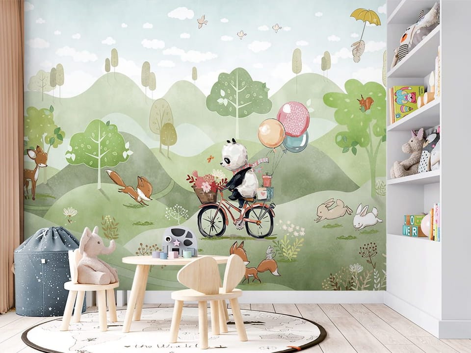 Fototapeta Panda na rowerze z balonami we wnętrzu pokoju dziecka