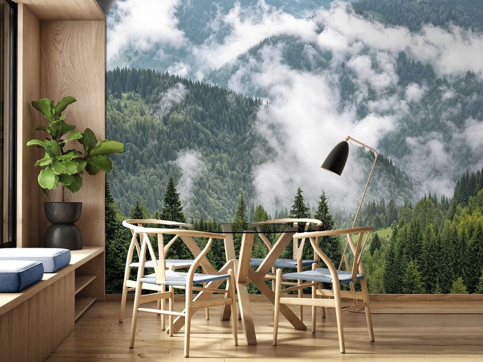 Fototapeta Górski las wśród mgły we wnętrzu kuchni
