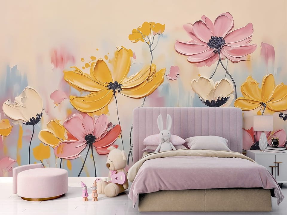 Fototapeta Kwiaty Polne na Jasnym Tle we wnętrzu pokoju dziecka