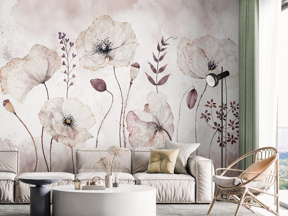 Fototapeta Delikatne maki na jasnym tle we wnętrzu salonu