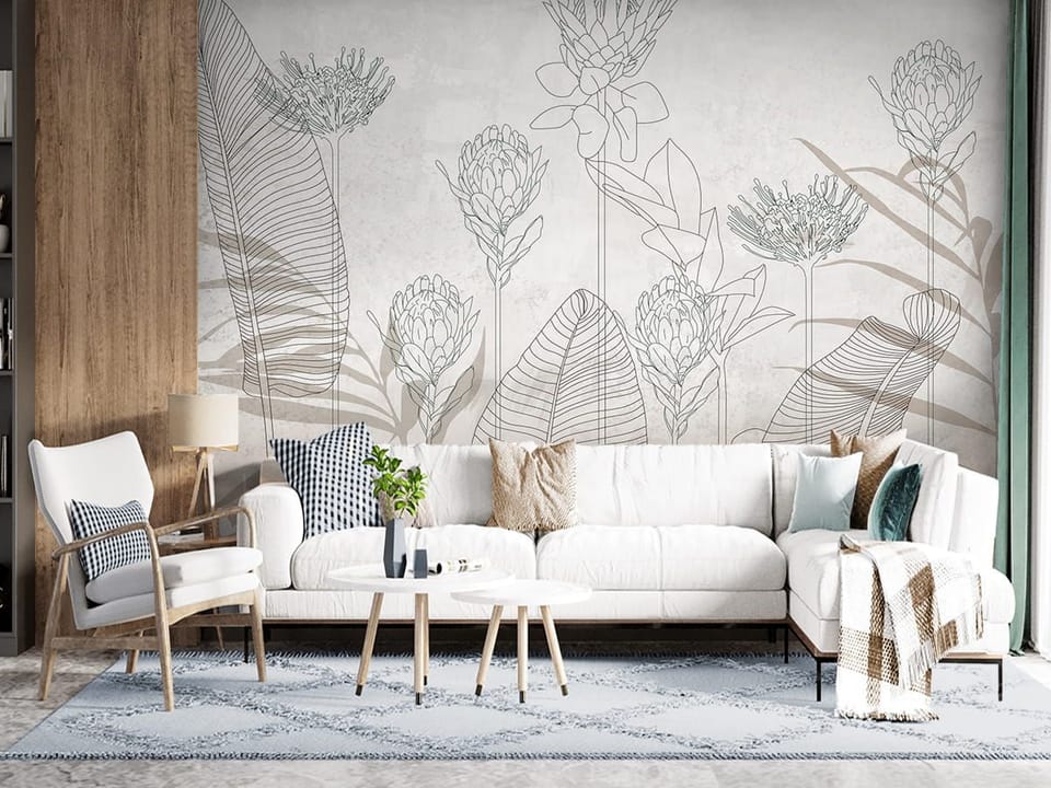 Fototapeta Kwiaty i liście w stylu linearnym we wnętrzu salonu