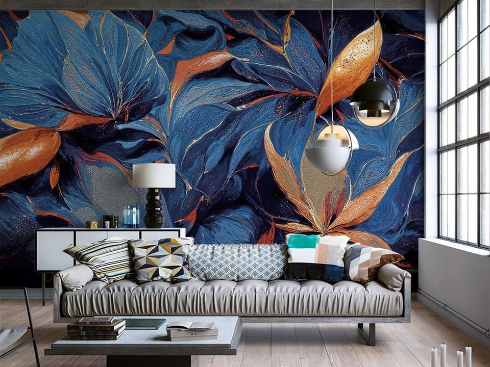 Fototapeta Abstrakcyjne liście w odcieniach niebieskiego we wnętrzu salonu
