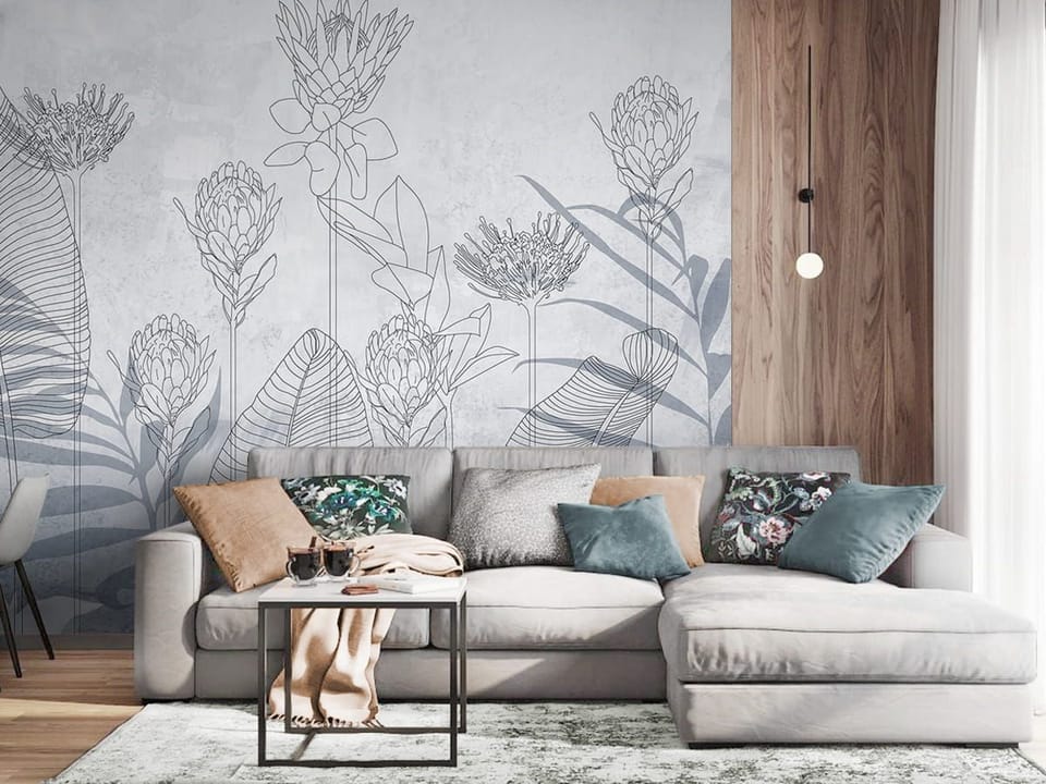 Fototapeta Szkicowane Kwiaty i Liście we wnętrzu salonu