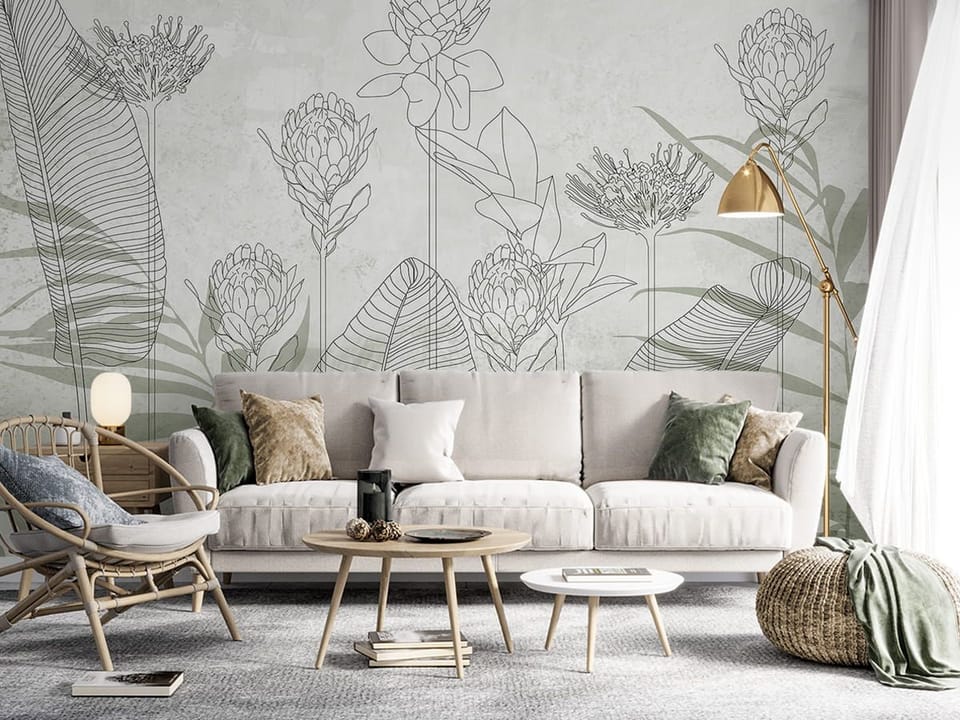Fototapeta Kwiaty i liście w delikatnej linii we wnętrzu salonu