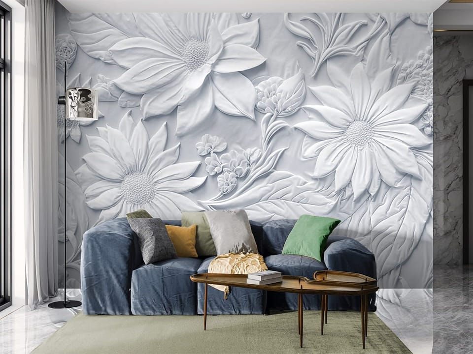 Fototapeta 3D kwiaty w reliefie we wnętrzu salonu