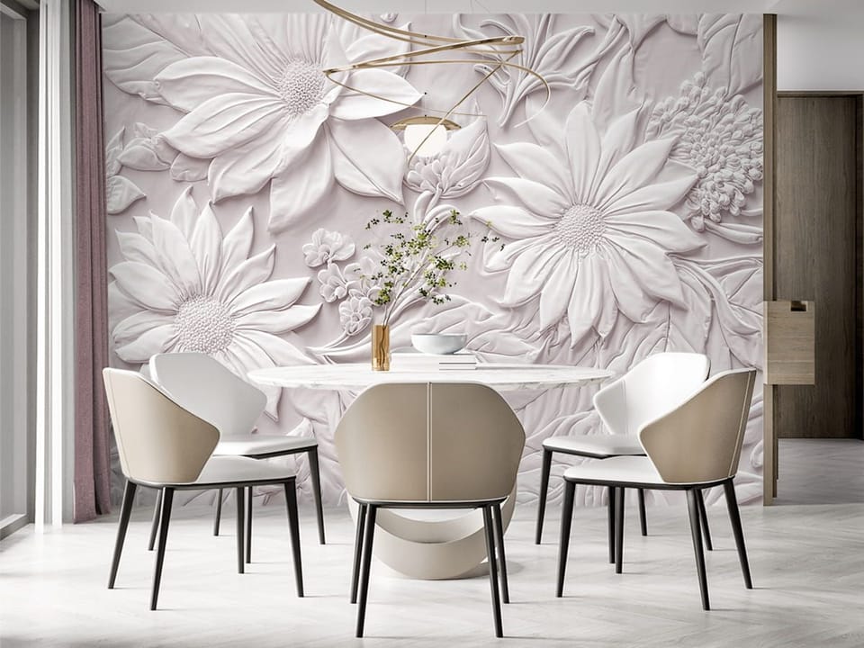 Fototapeta Wytłaczane Kwiaty i Liście 3D we wnętrzu kuchni