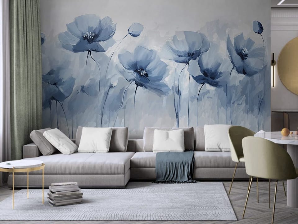 Fototapeta Maki, kwiaty w odcieniach niebieskiego we wnętrzu salonu