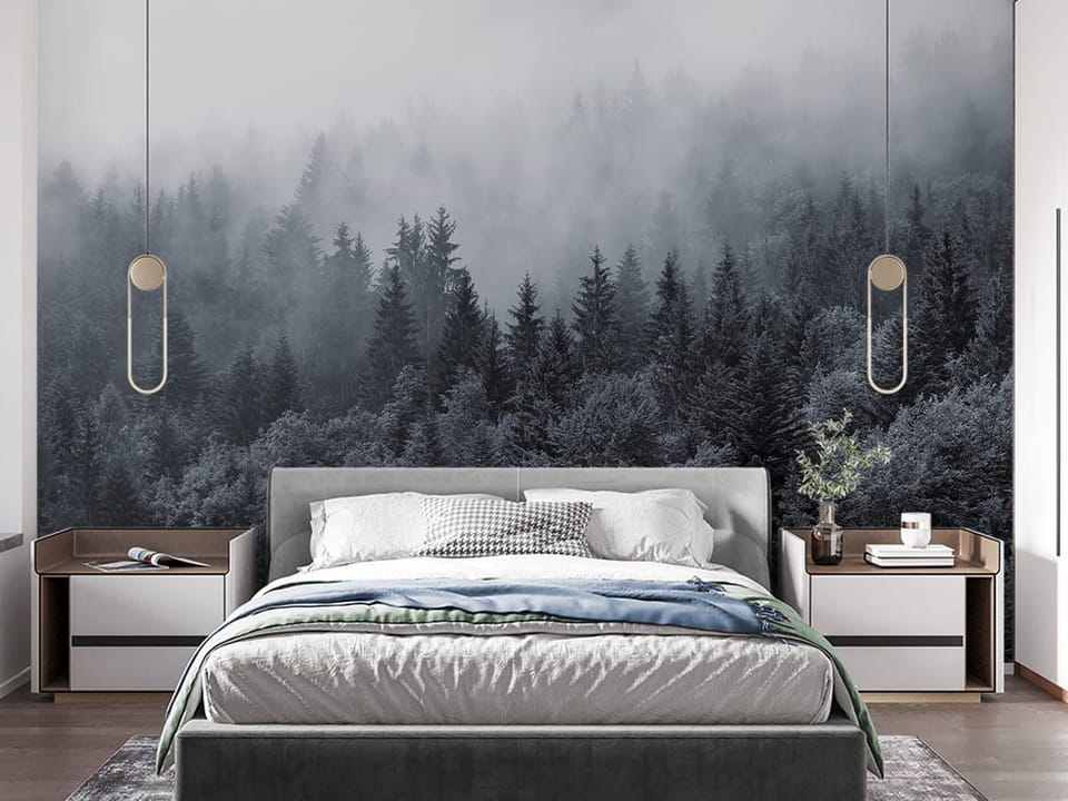 Fototapeta Mglisty las iglasty we wnętrzu sypialni
