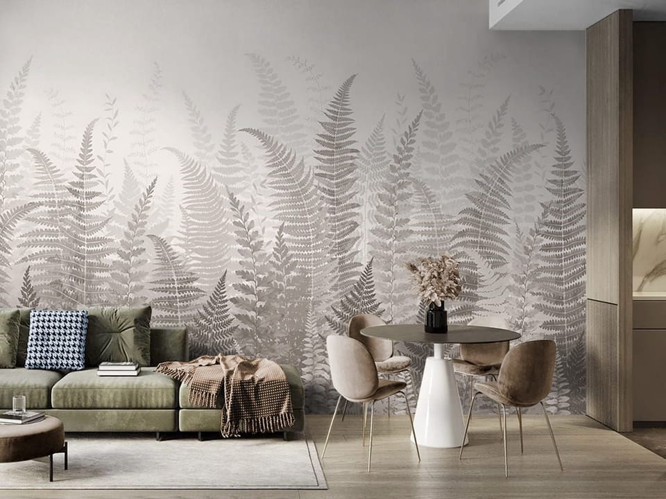 Fototapeta Gęste liście paproci na tle we wnętrzu salonu