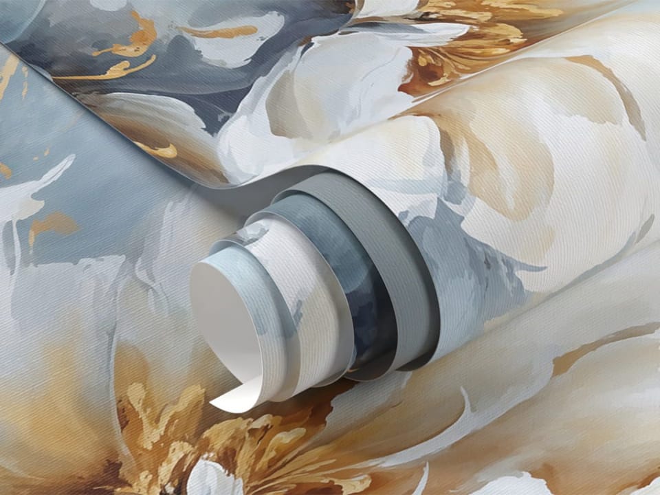 Fototapeta Trzy białe kwiaty na niebieskim tle fragment #1