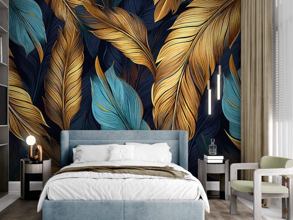 Fototapeta Kolorowe pióra na ciemnym tle we wnętrzu sypialni