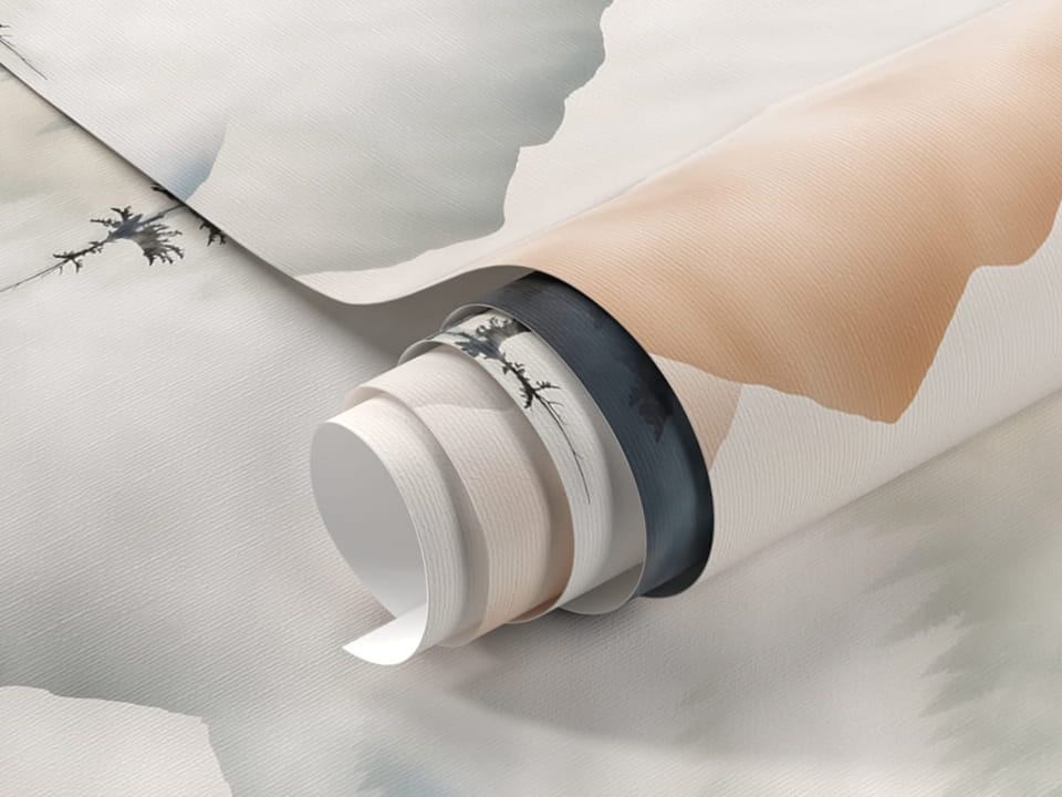 Fototapeta Spokojny górski krajobraz z drzewami fragment #1