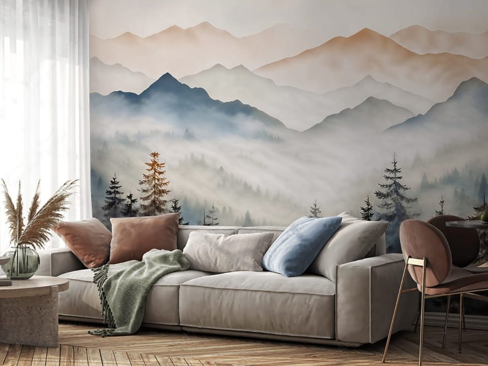 Fototapeta Spokojny górski krajobraz z drzewami we wnętrzu salonu