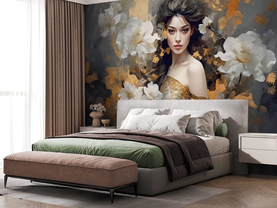 Fototapeta Kobieta w sukni z kwiatami we wnętrzu sypialni