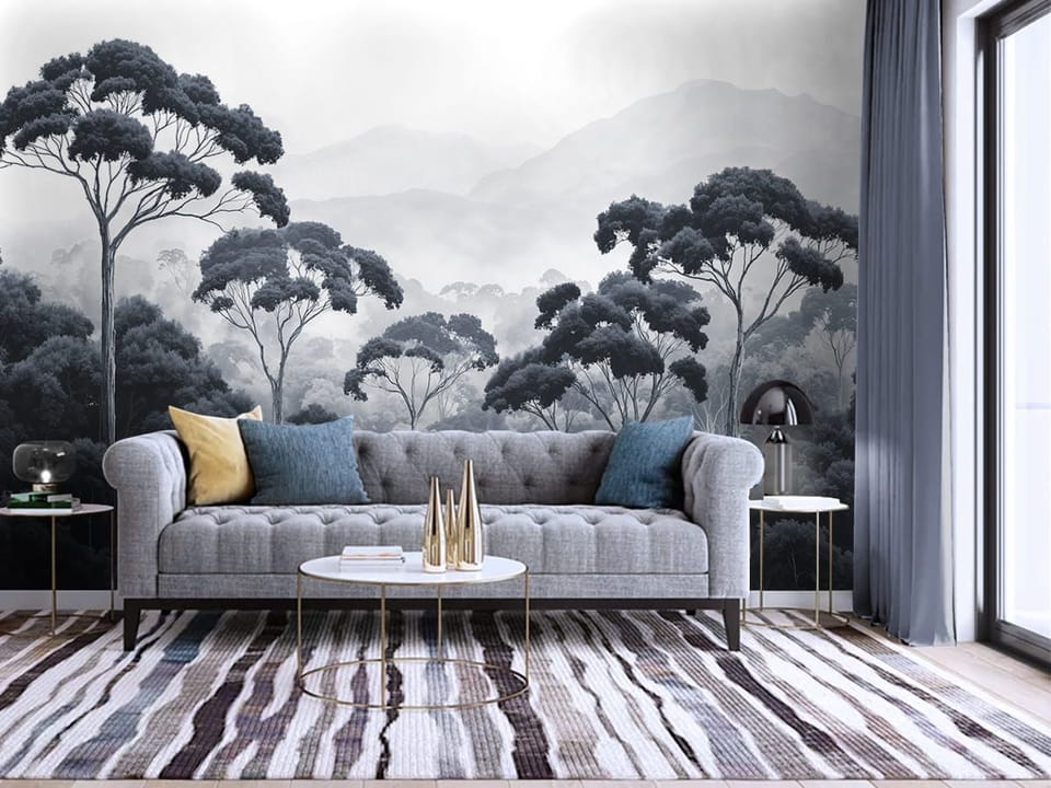 Fototapeta Leśne drzewa i mgła w tle we wnętrzu salonu