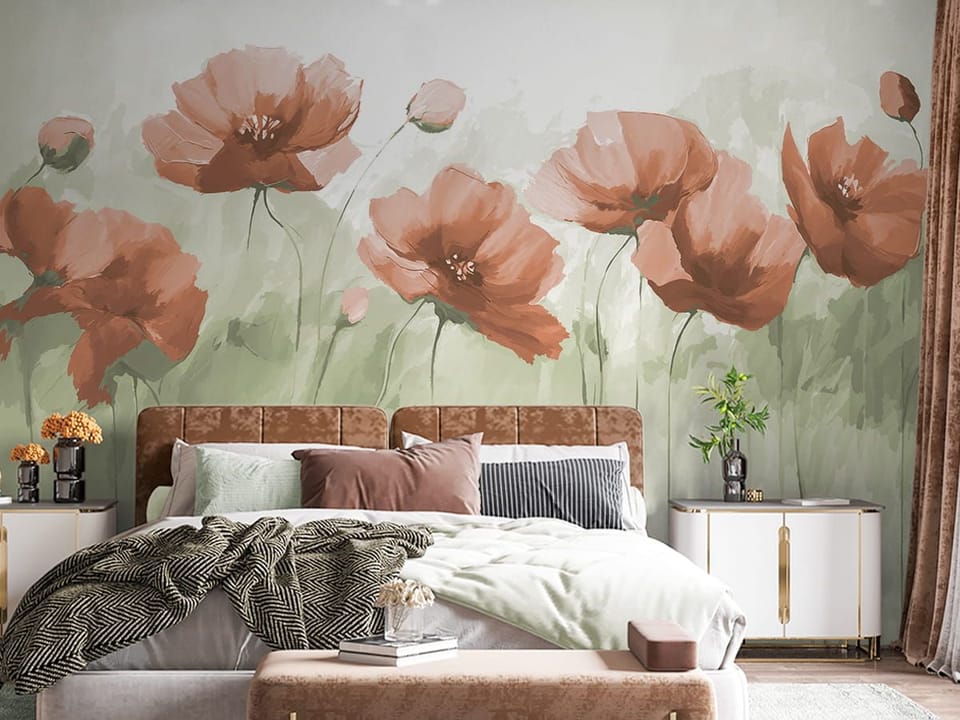 Fototapeta Czerwone maki na zielonym tle we wnętrzu sypialni
