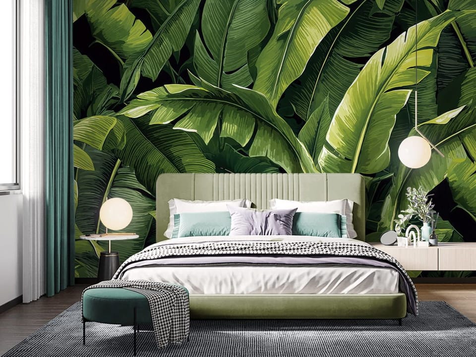Fototapeta Zielone liście bananowca we wnętrzu sypialni