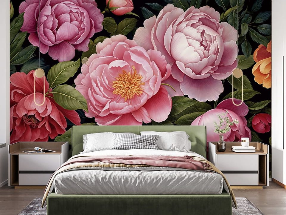 Fototapeta Różowe piwonie na czarnym tle we wnętrzu sypialni