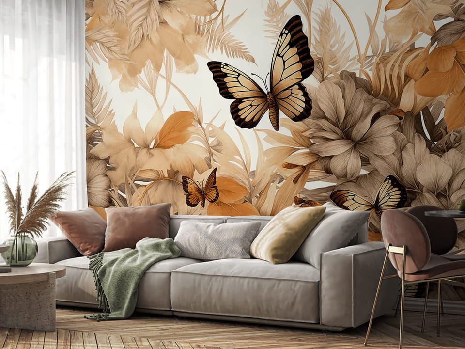 Fototapeta Motyl wśród liści i kwiatów we wnętrzu salonu