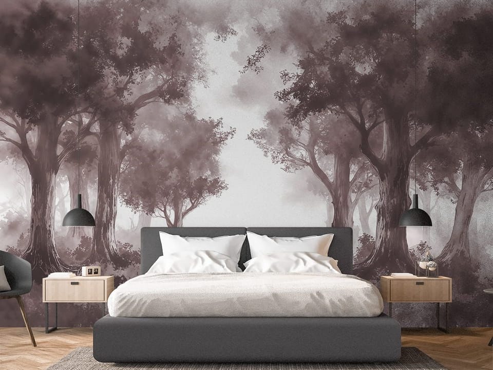 Fototapeta Gęsty las z wysokimi drzewami we wnętrzu sypialni