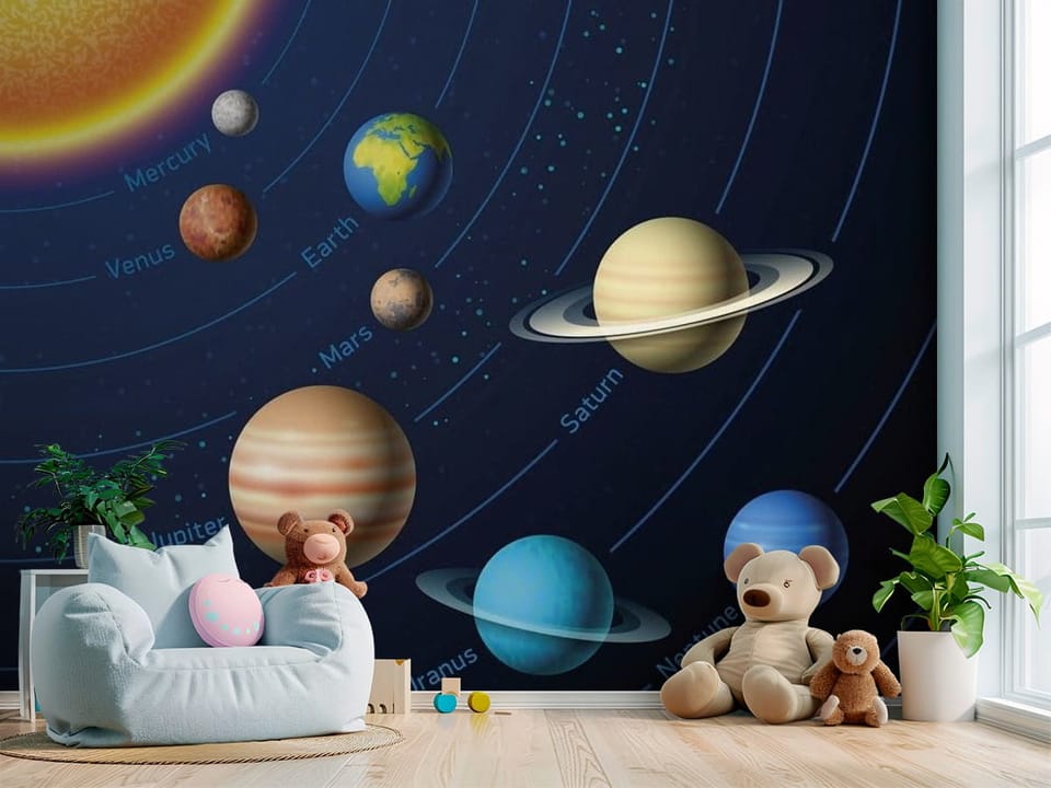 Fototapeta z Układem Słonecznym i planetami na ciemnym tle kosmosu - przytulny kącik do zabawy w pokoju dziecka