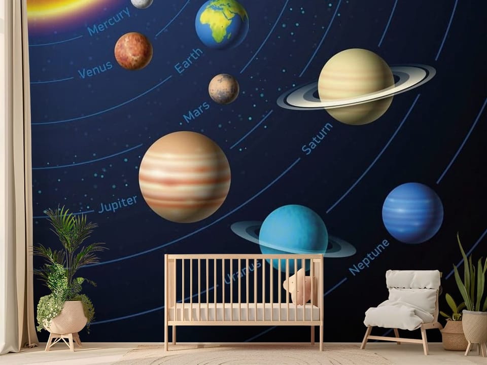 Fototapeta z Układem Słonecznym i planetami na ciemnym tle kosmosu - nasłoneczniony pokój dziecięcy