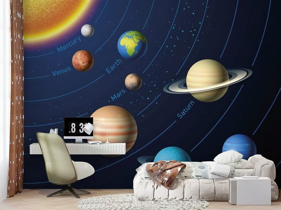Fototapeta z Układem Słonecznym i planetami na ciemnym tle kosmosu - nowoczesna aranżacja w pokoju nastolatka