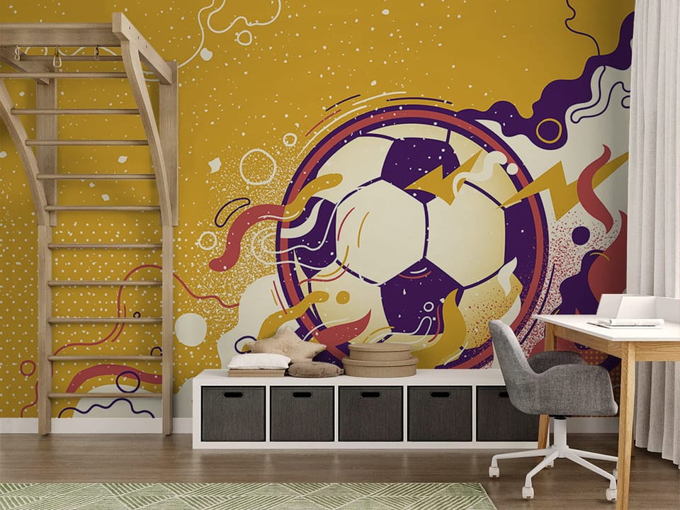 Fototapeta Piłka nożna w ruchu na żółtym tle we wnętrzu pokoju nastolatka