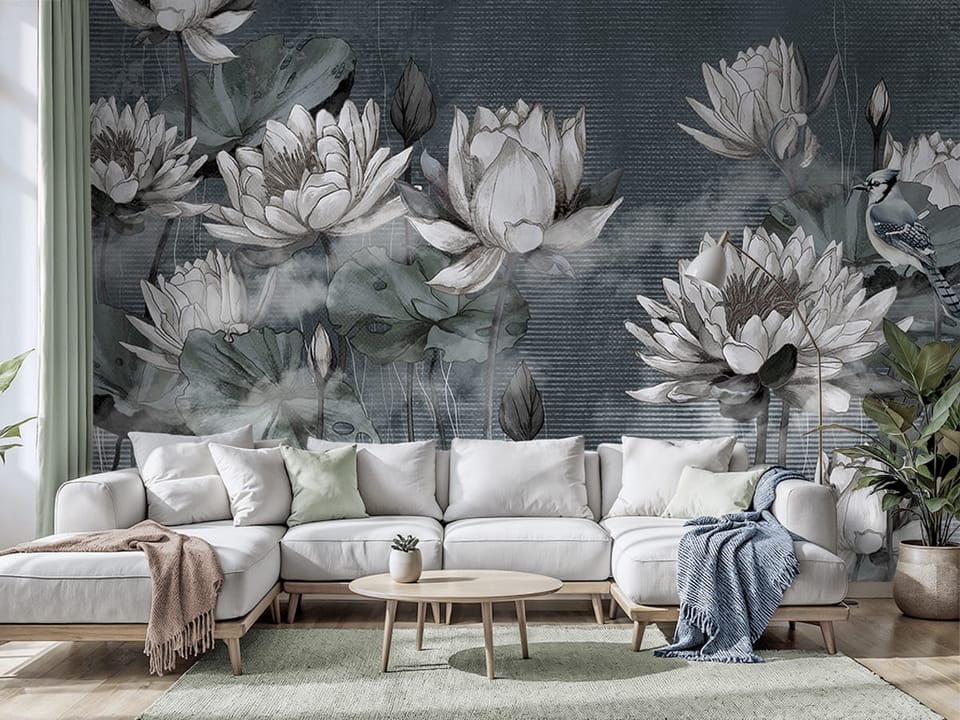 Fototapeta Egzotyczne kwiaty lotosu na wodzie we wnętrzu salonu