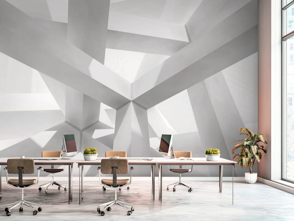 Fototapeta z przestrzennymi białymi belkami i geometrycznymi kształtami - ściana w dużym biurze