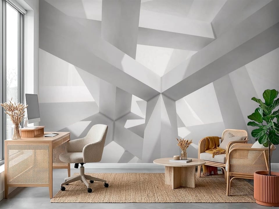 Fototapeta z przestrzennymi białymi belkami i geometrycznymi kształtami - dekoracja ściany w biurze w ciepłych kolorach
